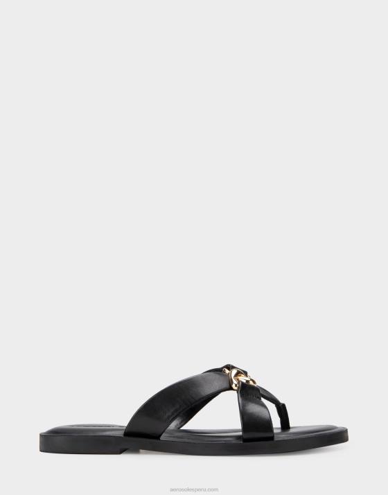 sandalia negra de cuero genuino Aerosoles F846458 mujer